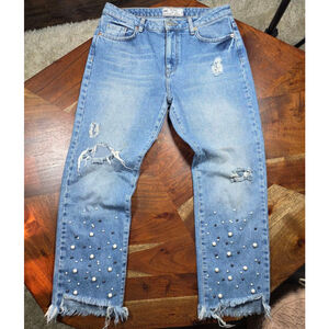 Women's Free People Blue Distressed Pearl Ankle Cropped Jeans Size 28